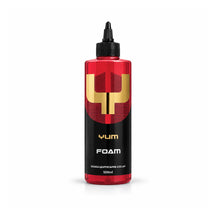 Yum Foam pH neutral snow foam 500ml bottle with deep red liquid, a black nozzle cap and gold Y mark, studio photo on white