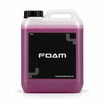 Yum Foam pH neutral snow foam 5 litre jerrycan with plum red liquid and a black FOAM label, studio photo on white