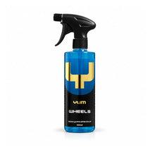 Yum Wheels fallout wheel cleaner 500ml trigger bottle with royal blue liquid, a black label and gold Y mark, studio photo on white