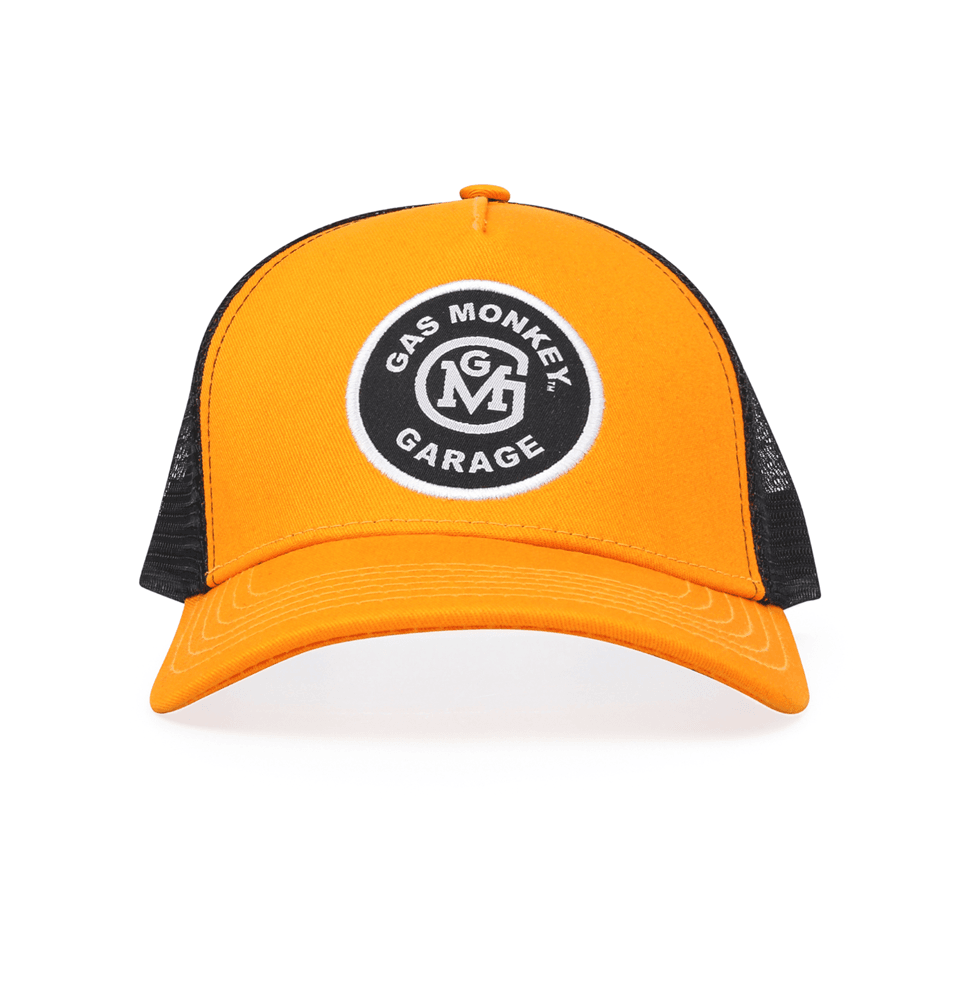GAS MONKEY GARAGE INITIAL LOGO PATCH TRUCKER CAP - (MUSTARD & BLACK) - The Drivers HQ