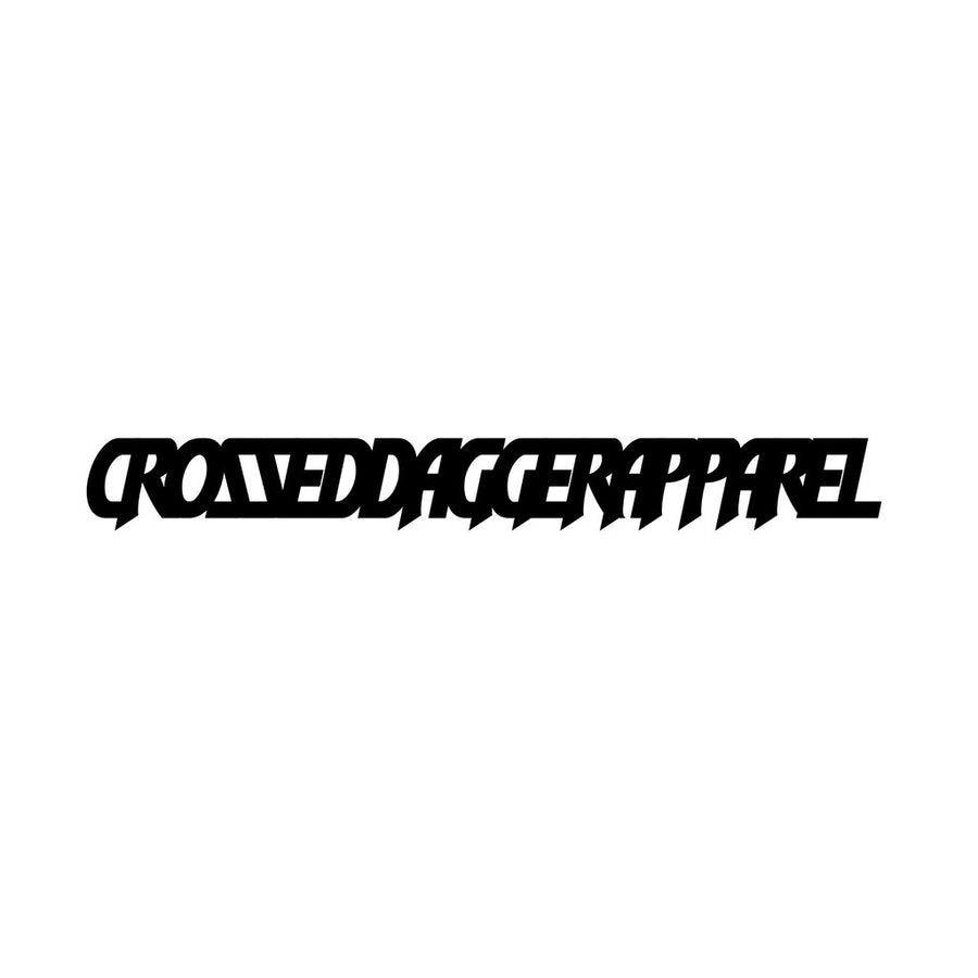 Crossed Dagger Apparel Decal 8in, black italic lettering of the brand name on white