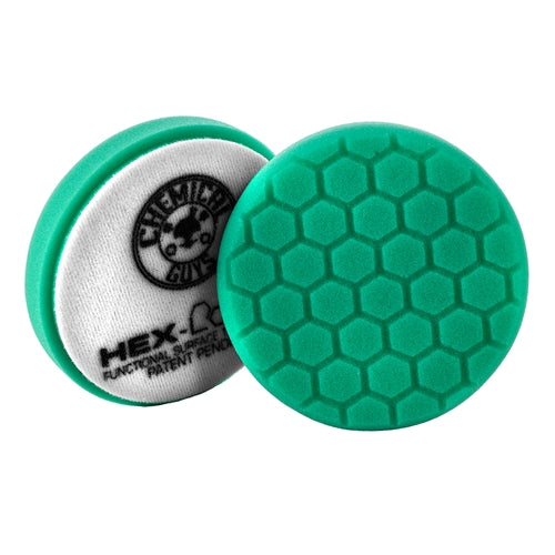 Chemical Guys HEX Logic Green Light Cut Pad 4in showing the hex face and logo backing